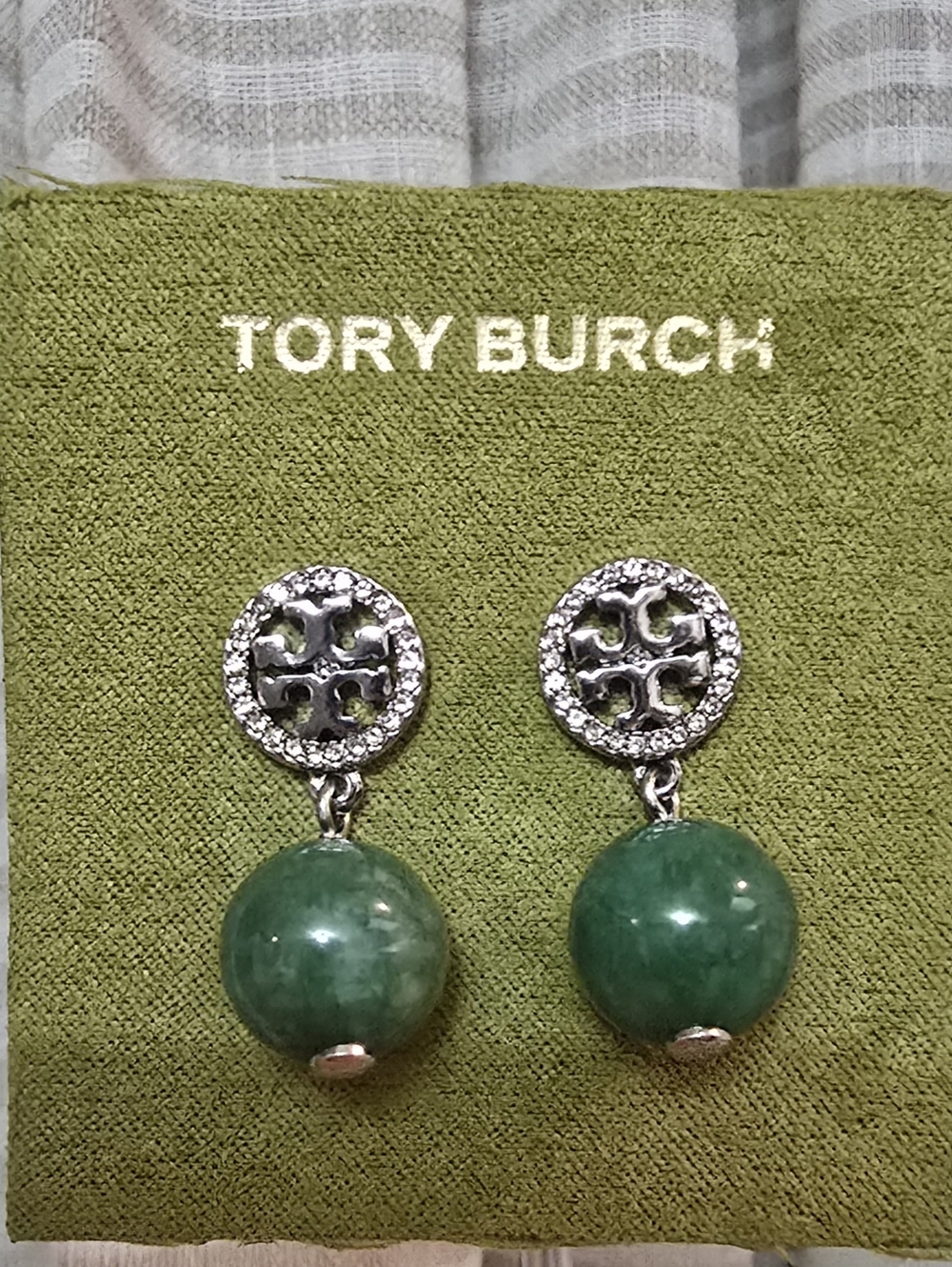 Tory Burch Green Stone Drop Earrings with Silver Logo & Crystal Trim